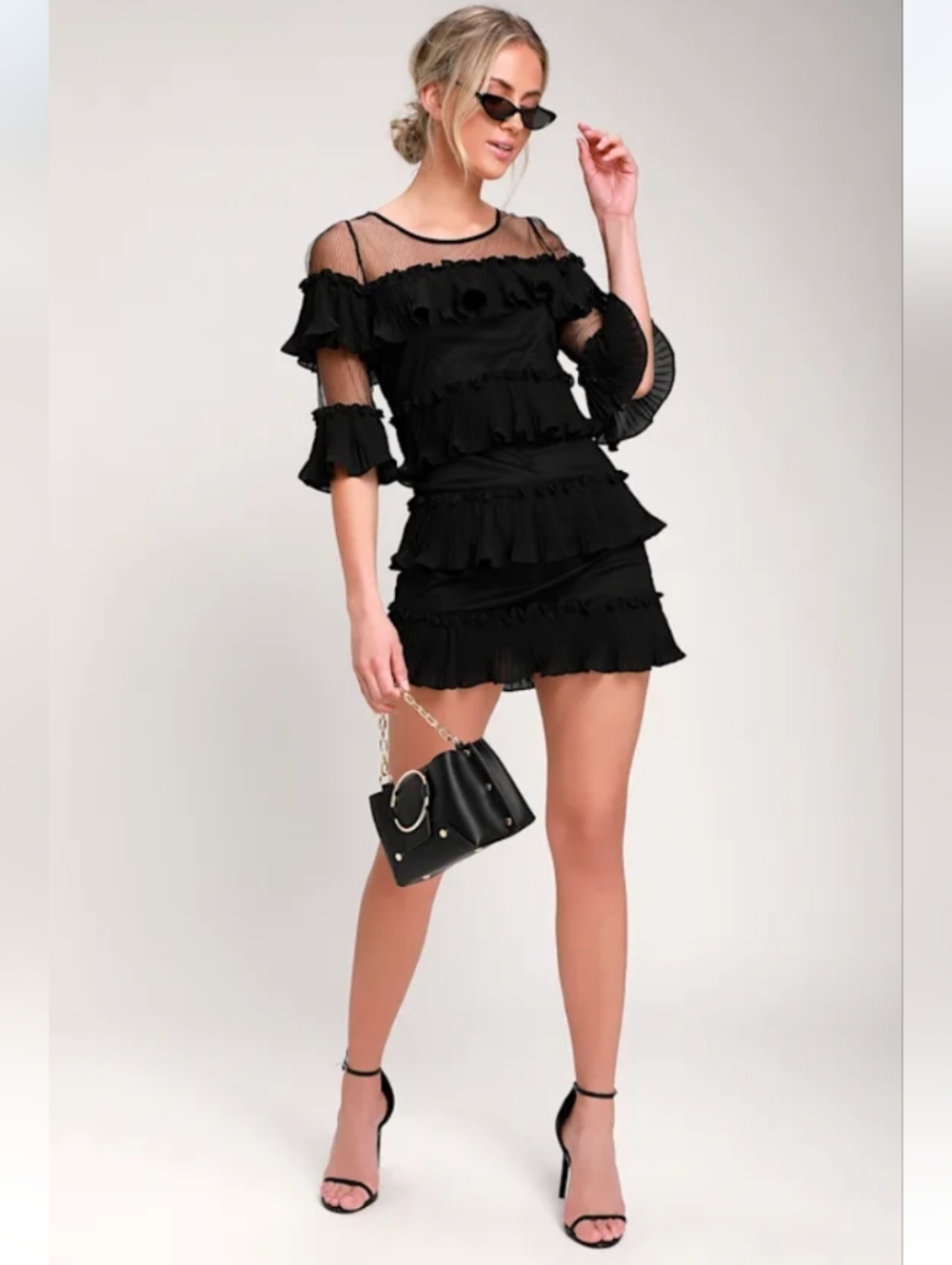 NWT Lulus Wynter Mesh Ruffle Swiss Dots Chiffon Black Mini Dress